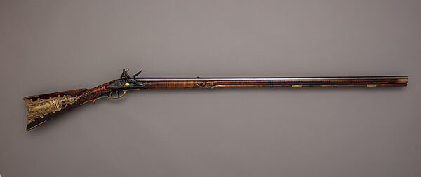 Flintlock Longrifle, Made and engraved by Judson J. Brennan (American, born Lansing, Michigan, 1955), Wood (sugar maple), steel, silver, gold, brass, American, Tenderfoot Hill, Alaska