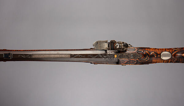 Flintlock Longrifle, Made and engraved by Judson J. Brennan (American, born Lansing, Michigan, 1955), Wood (sugar maple), steel, silver, gold, brass, American, Tenderfoot Hill, Alaska