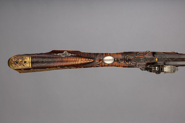 Flintlock Longrifle, Made and engraved by Judson J. Brennan (American, born Lansing, Michigan, 1955), Wood (sugar maple), steel, silver, gold, brass, American, Tenderfoot Hill, Alaska