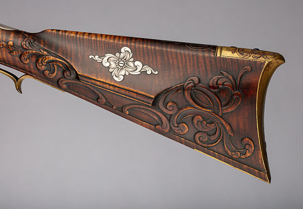 Flintlock Longrifle, Made and engraved by Judson J. Brennan (American, born Lansing, Michigan, 1955), Wood (sugar maple), steel, silver, gold, brass, American, Tenderfoot Hill, Alaska