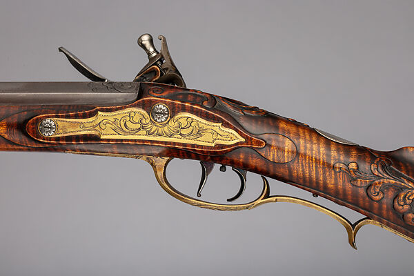 Flintlock Longrifle, Made and engraved by Judson J. Brennan (American, born Lansing, Michigan, 1955), Wood (sugar maple), steel, silver, gold, brass, American, Tenderfoot Hill, Alaska