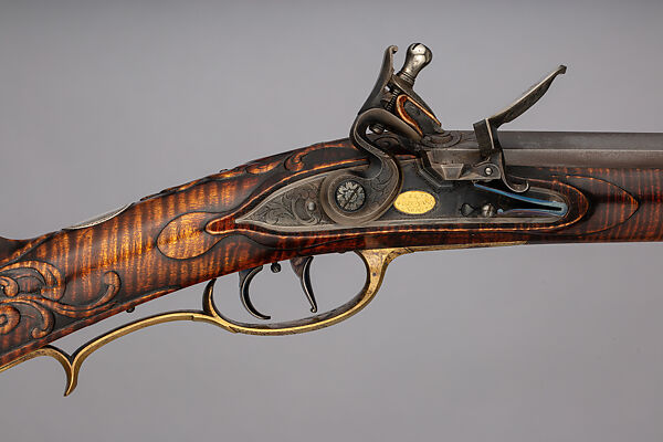 Flintlock Longrifle, Made and engraved by Judson J. Brennan (American, born Lansing, Michigan, 1955), Wood (sugar maple), steel, silver, gold, brass, American, Tenderfoot Hill, Alaska