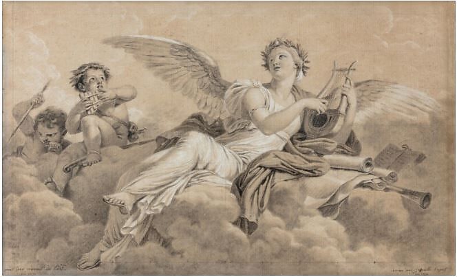An Allegory of Lyric Poetry, Marie Gabrielle Capet (French, Lyons 1761–1818 Paris), Black chalk and stumping, heightened with white chalk; squared in black chalk