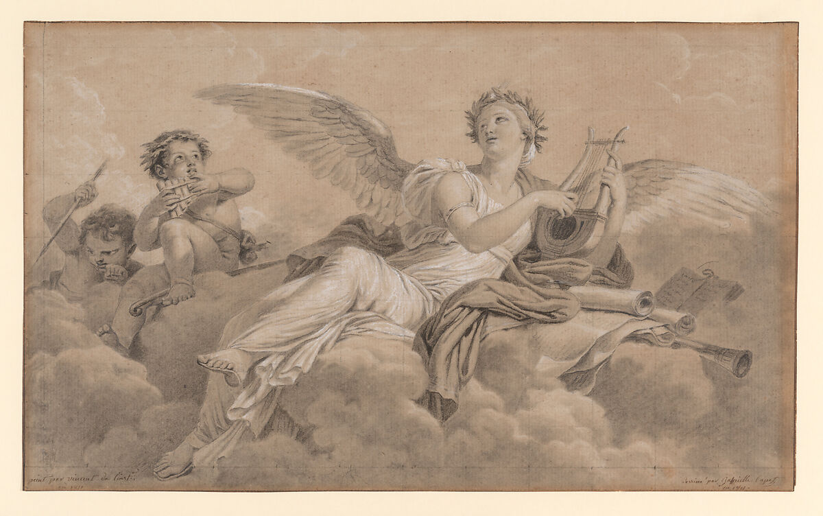 An Allegory of Lyric Poetry, Marie Gabrielle Capet (French, Lyons 1761–1818 Paris), Black chalk and stumping, heightened with white chalk; squared in black chalk 