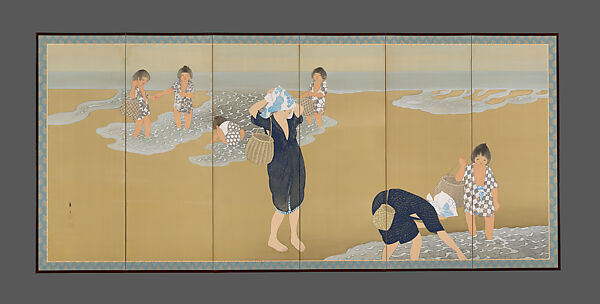 After High Tide, Tsuji Kakō 都路華香 (Japanese, 1870–1931), Pair of six-panel folding screens; ink, color, and gold and silver paint on silk, Japan