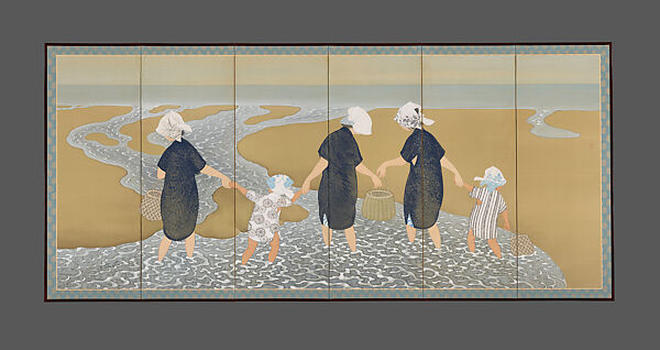 After High Tide, Tsuji Kakō 都路華香 (Japanese, 1870–1931), Pair of six-panel folding screens; ink, color, and gold and silver paint on silk, Japan 