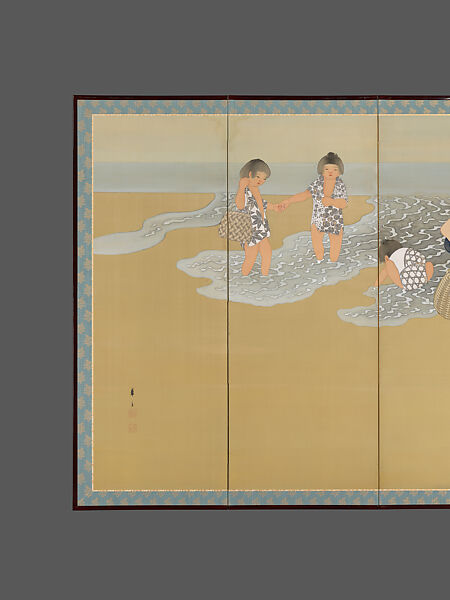 After High Tide, Tsuji Kakō 都路華香 (Japanese, 1870–1931), Pair of six-panel folding screens; ink, color, and gold and silver paint on silk, Japan
