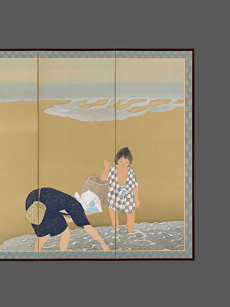 After High Tide, Tsuji Kakō 都路華香 (Japanese, 1870–1931), Pair of six-panel folding screens; ink, color, and gold and silver paint on silk, Japan