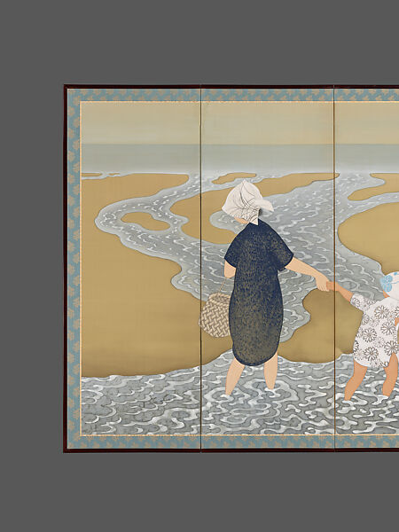 After High Tide, Tsuji Kakō 都路華香 (Japanese, 1870–1931), Pair of six-panel folding screens; ink, color, and gold and silver paint on silk, Japan