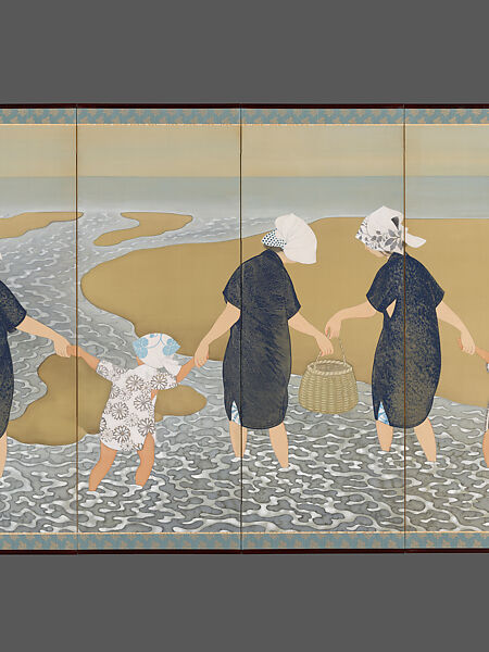 After High Tide, Tsuji Kakō 都路華香 (Japanese, 1870–1931), Pair of six-panel folding screens; ink, color, and gold and silver paint on silk, Japan
