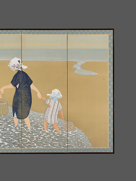 After High Tide, Tsuji Kakō 都路華香 (Japanese, 1870–1931), Pair of six-panel folding screens; ink, color, and gold and silver paint on silk, Japan