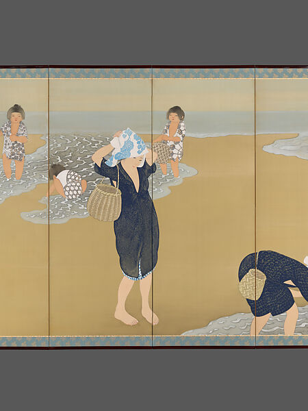 After High Tide, Tsuji Kakō 都路華香 (Japanese, 1870–1931), Pair of six-panel folding screens; ink, color, and gold and silver paint on silk, Japan