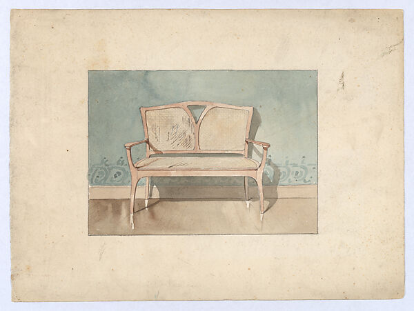Design for a Wooden Bench with Caning in the Art Nouveau Style, Georges de Feure (French, Paris 1868–1943 Paris), Graphite and watercolor 