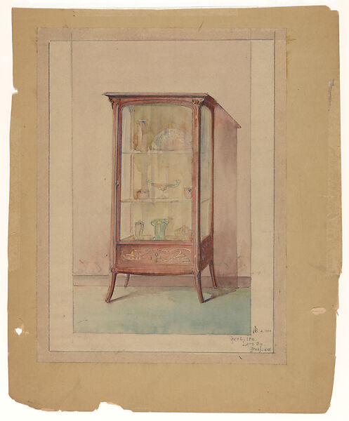Design for a Wooden Display Case in the Art Nouveau Style, Georges de Feure (French, Paris 1868–1943 Paris), Graphite and watercolor 