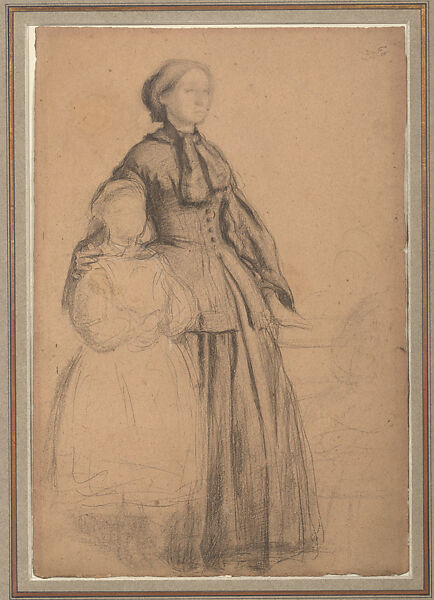 Laura Bellelli and her daughter Giovanna, Study for "The Bellelli Family", Edgar Degas  French, Black conté crayon on pinkish buff paper with traces of white heightening, French