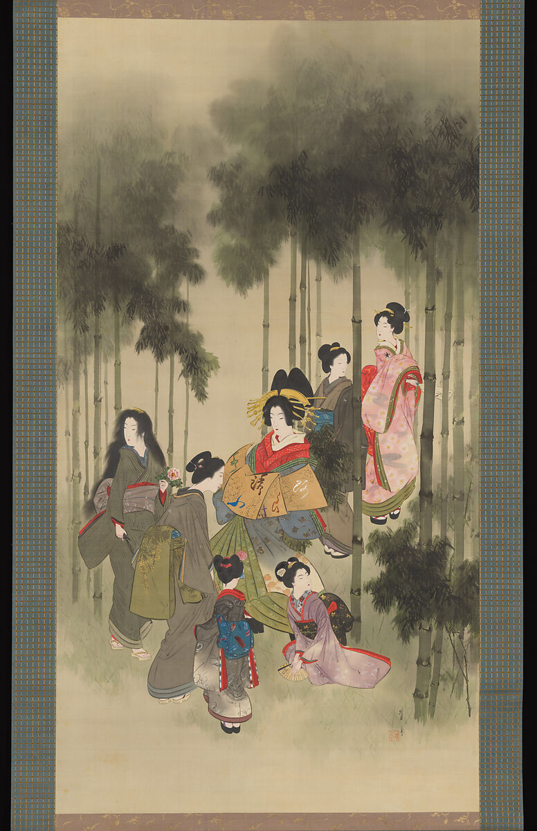 Seven Beauties of the Bamboo Grove, Watanabe Seitei 渡辺省亭 (Japanese, 1851–1918), Hanging scroll; ink, color, and possibly lacquer on silk, Japan 