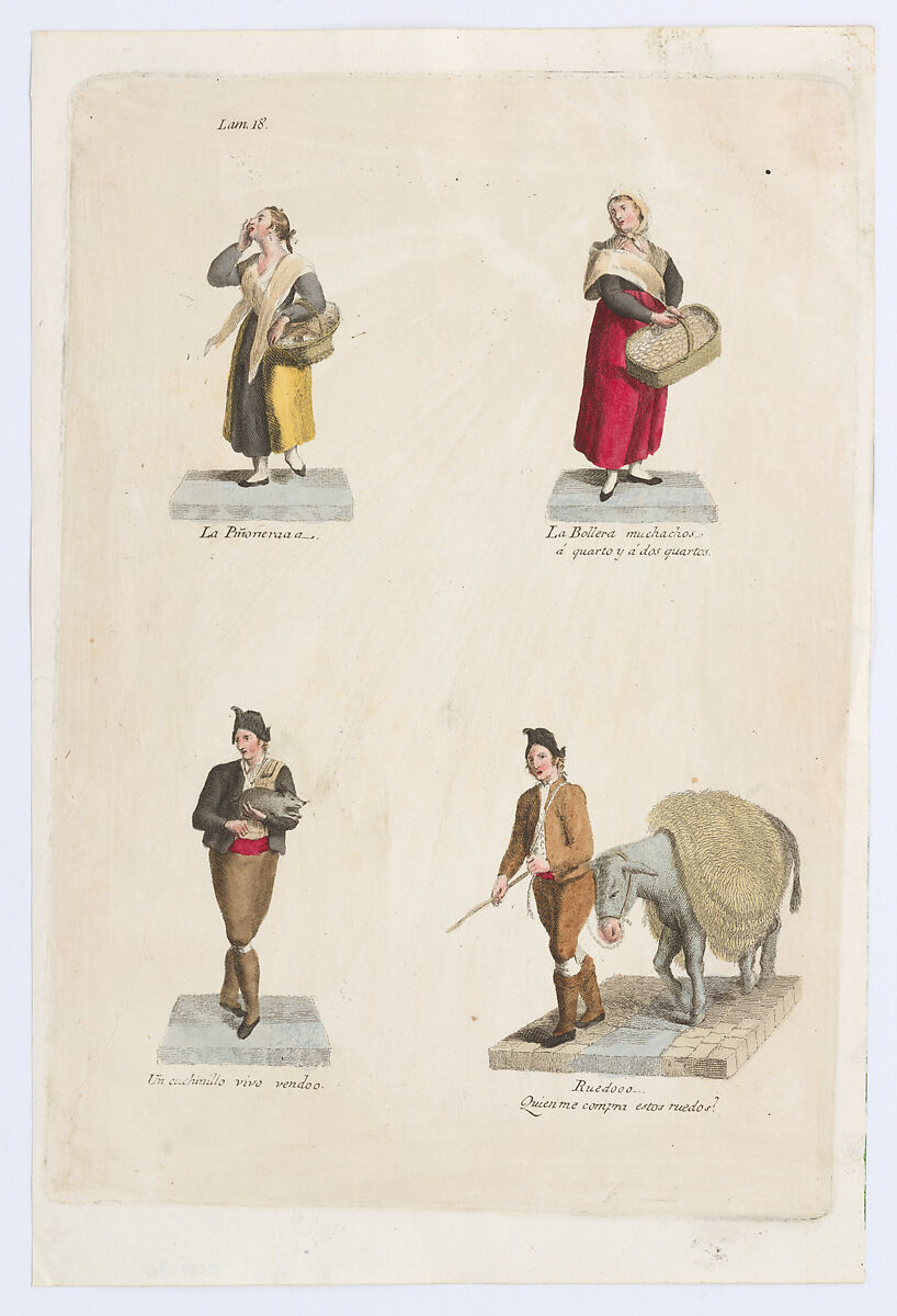 Plate 18: four street vendors from Madrid selling food, a pig etc, from 'Los Gritos de Madrid' (The Cries of Madrid), Miguel Gamborino (Spanish, Valencia 1760–1828 Madrid), Engraving with hand coloring 