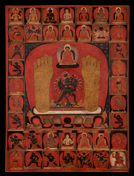 Hevajra with the Footprints of the Kagyu Patriarch Tashipel, Mineral pigments and gold on silk and cotton, Tibet, Taklung