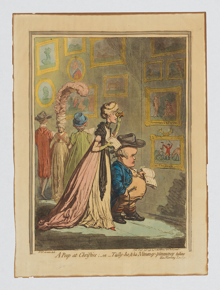 A Peep at Christies;–or–Tally-ho & his Nimeny-pimeney taking the Morning Lounge, James Gillray (British, London 1756–1815 London), Hand-colored etching and aquatint 
