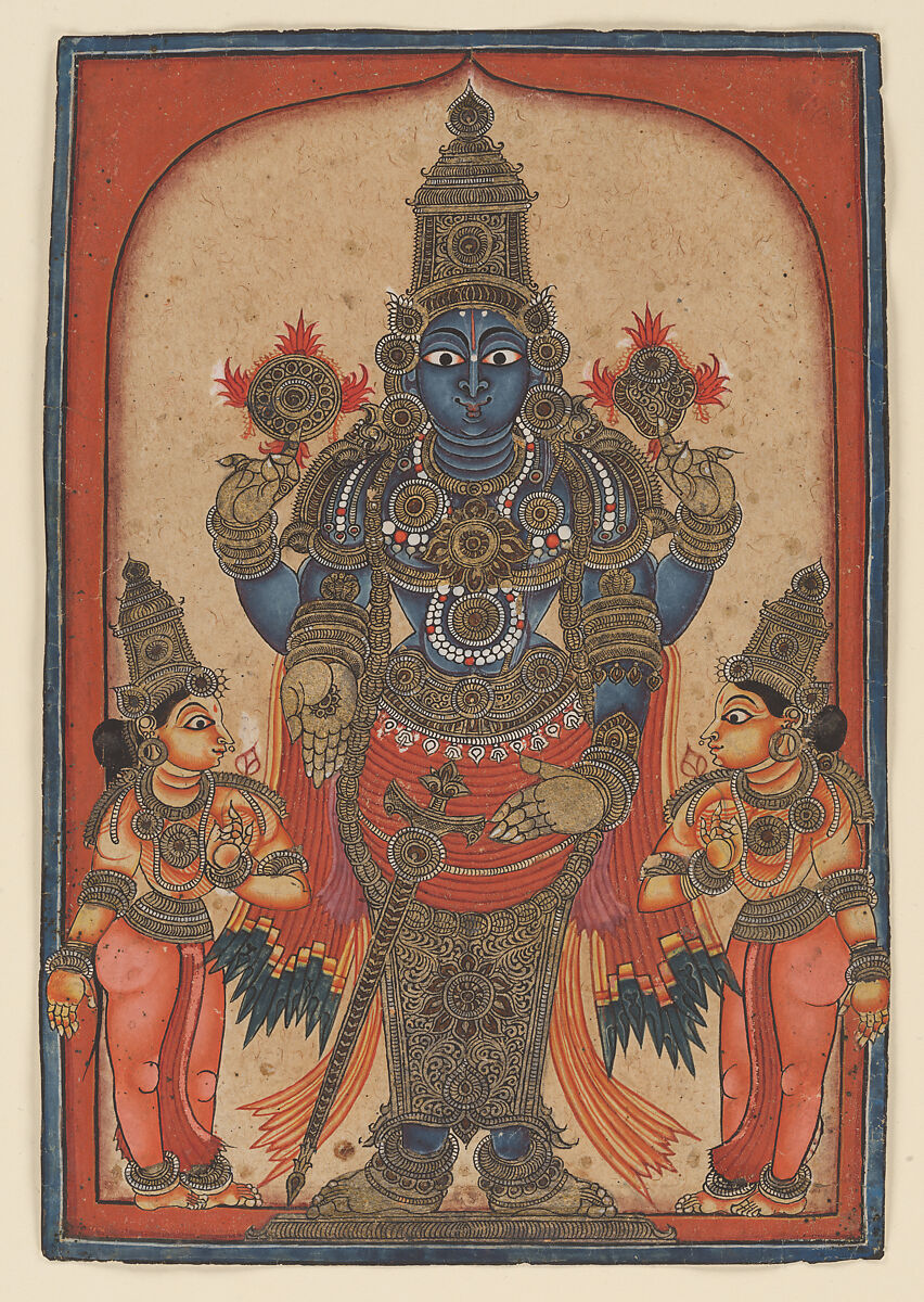 Vishnu Venkateshvara, Lord of Tirupati, Tirupati School, South India, Opaque watercolor and hand-colored silver on paper, South India, Andhra Pradesh, Tirupati 