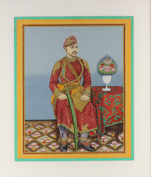 Portrait of Maharao Umed Singh II of Kotah (r. 1889–1940), Opaque watercolor, gold, silver and pearls on paper mounted on board, India, Rajasthan, Kotah 