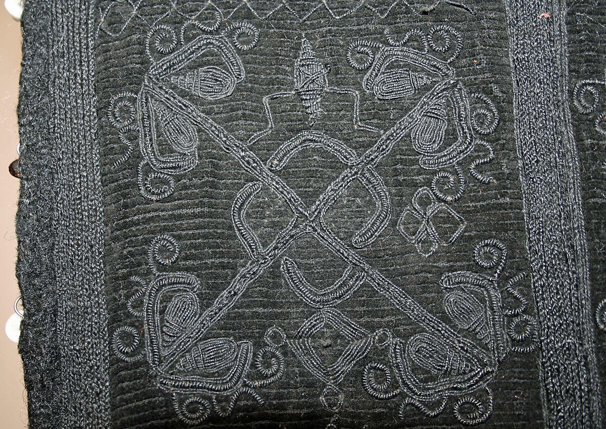 Ensemble, wool, cotton, metallic thread, ramie, animal skin, glass