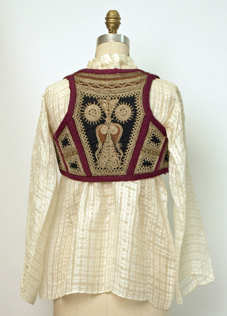 Ensemble, wool, cotton, metallic thread, ramie, animal skin, glass