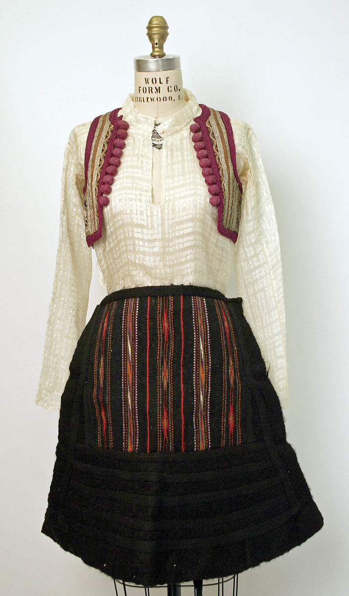 Ensemble, wool, cotton, metallic thread, ramie, animal skin, glass, Albanian (Malissori) 