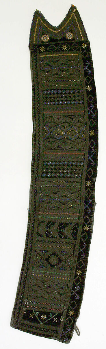 Ensemble, wool, cotton, metallic thread, ramie, animal skin, glass