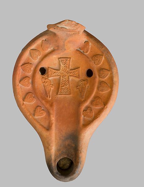 Oil Lamp with Cross and Birds, African red slip ware, North African (Tunisia)
