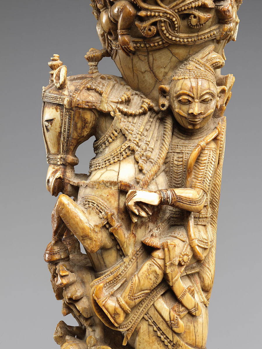Royal throne leg with equestrian warrior, Ivory with traces of polychrome and iron armature, Eastern India, Odisha