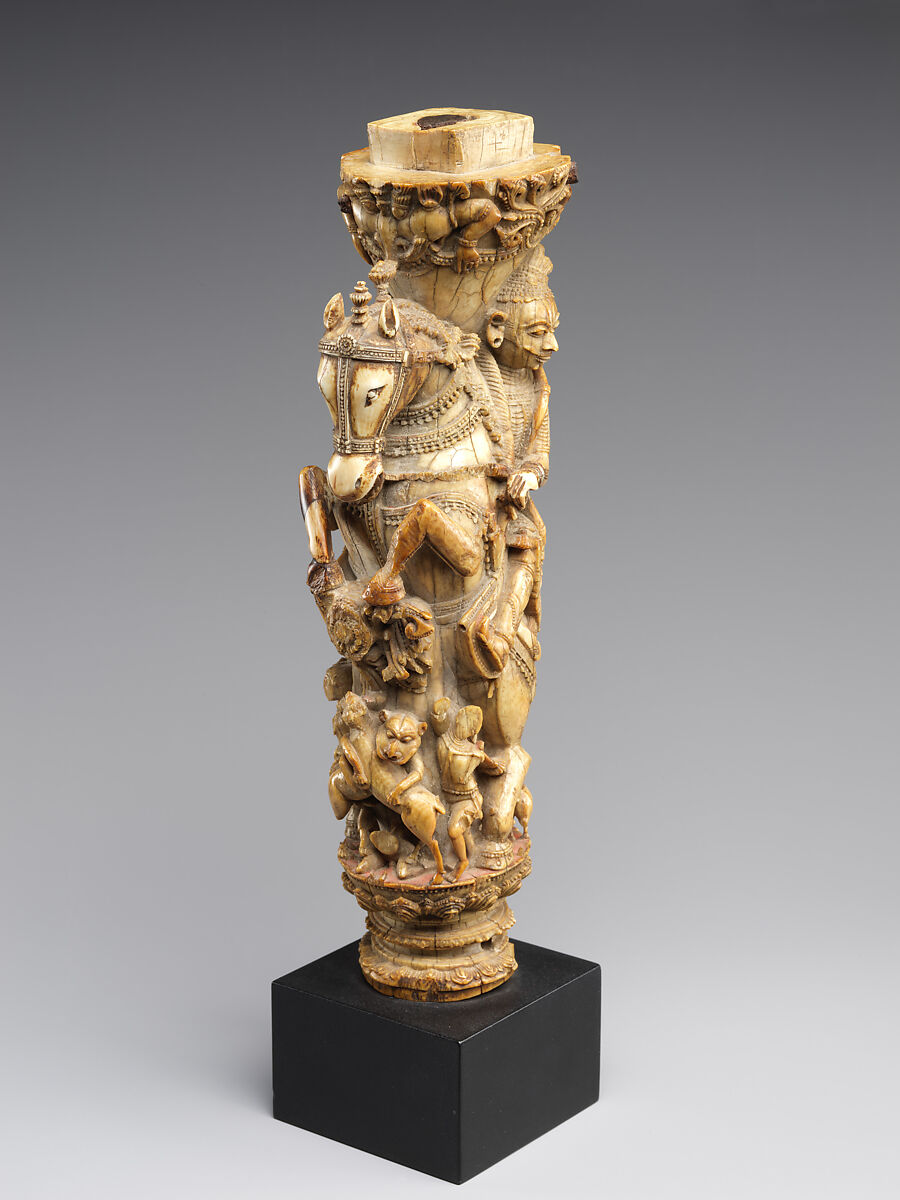 Royal throne leg with equestrian warrior, Ivory with traces of polychrome and iron armature, Eastern India, Odisha 