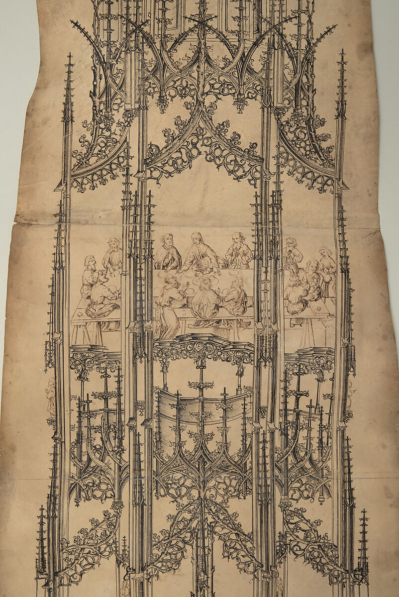 Design for a Monumental Sacrament House, Lorenz Lechler (German, born ca. 1460–ca. 1538), Pen and two types of ink (carbon black and iron gall) over blind ruling, 17th-century inscription in pen and ink, on parchment, German