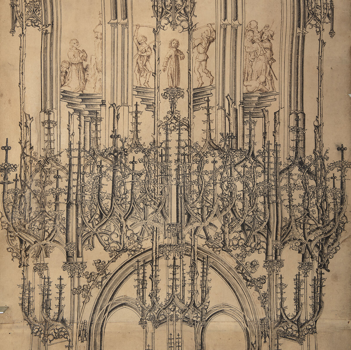 Design for a Monumental Sacrament House, Lorenz Lechler (German, born ca. 1460–ca. 1538), Pen and two types of ink (carbon black and iron gall) over blind ruling, 17th-century inscription in pen and ink, on parchment, German