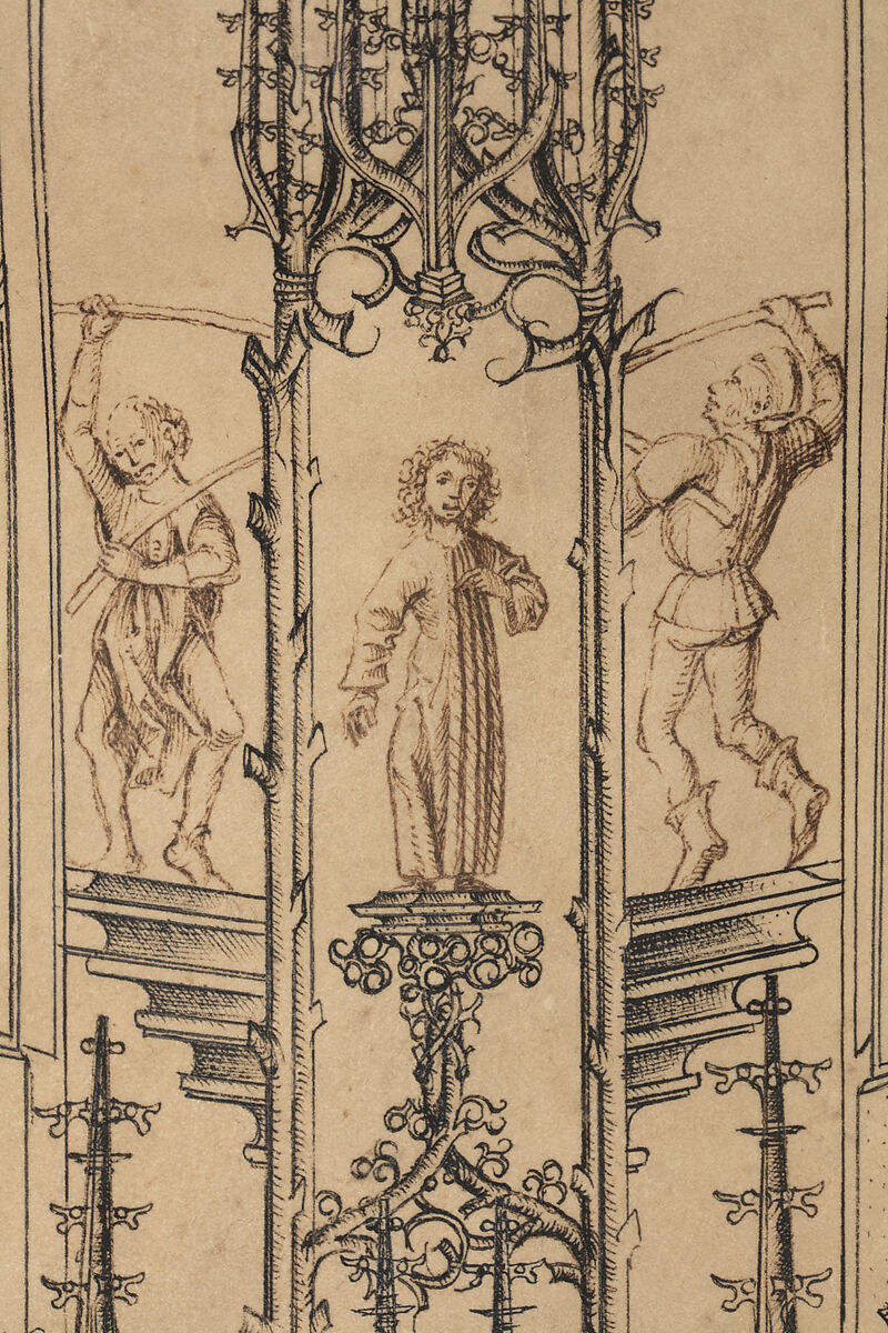 Design for a Monumental Sacrament House, Lorenz Lechler (German, born ca. 1460–ca. 1538), Pen and two types of ink (carbon black and iron gall) over blind ruling, 17th-century inscription in pen and ink, on parchment, German