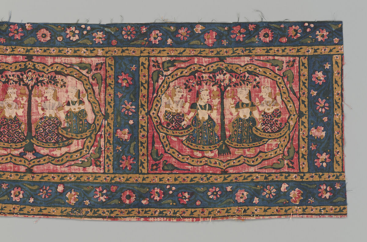The Gopis celebrating Krishna, Border panel from a picchavai hanging; cotton with painted and stamped mordant and resist dyed, and gold, India, Western Deccan