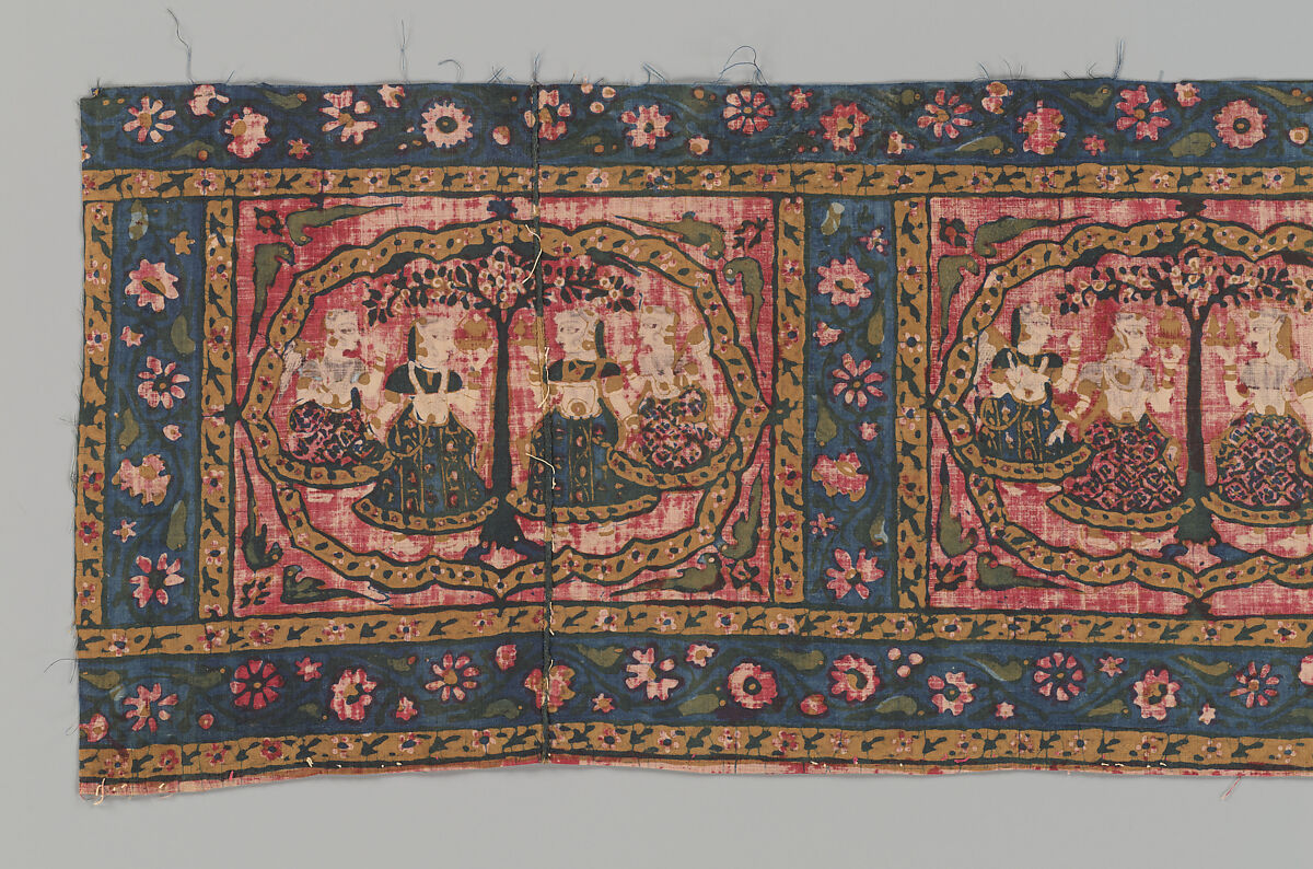 The Gopis celebrating Krishna, Border panel from a picchavai hanging; cotton with painted and stamped mordant and resist dyed, and gold, India, Western Deccan