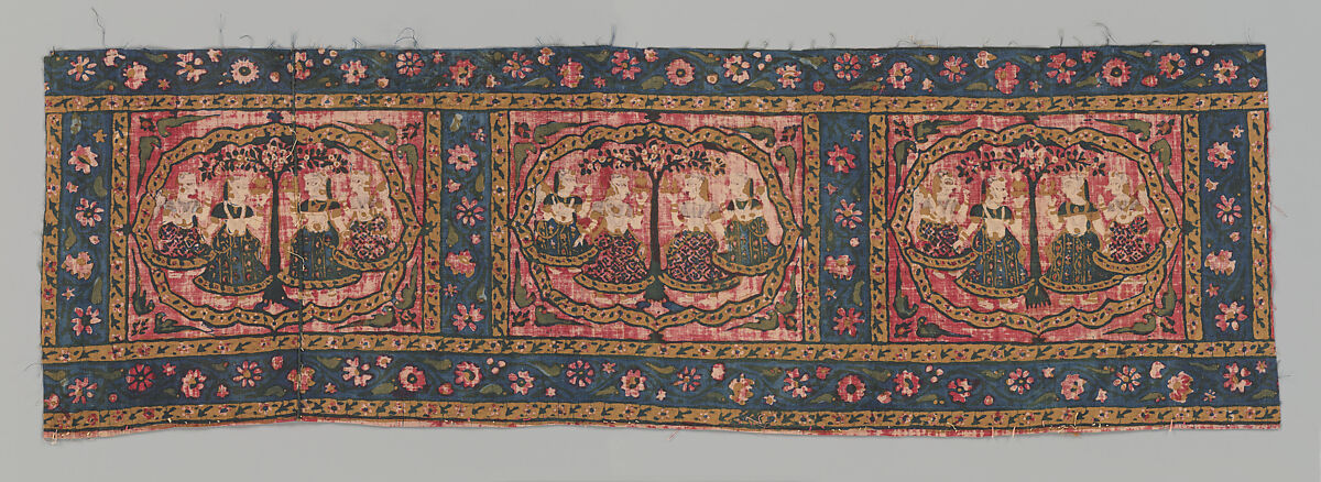 The Gopis celebrating Krishna, Border panel from a picchavai hanging; cotton with painted and stamped mordant and resist dyed, and gold, India, Western Deccan