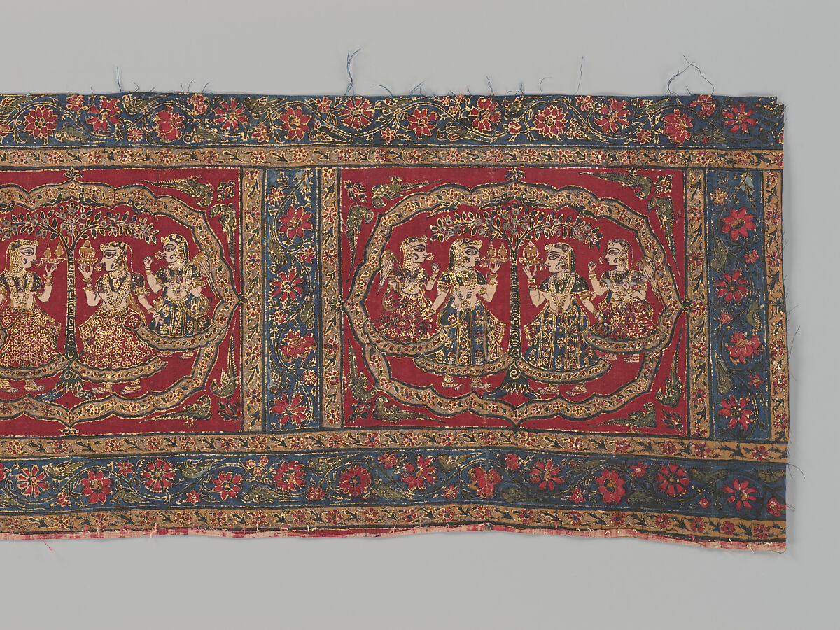 The Gopis celebrating Krishna, Border panel from a picchavai hanging; cotton with painted and stamped mordant and resist dyed, and gold, India, Western Deccan