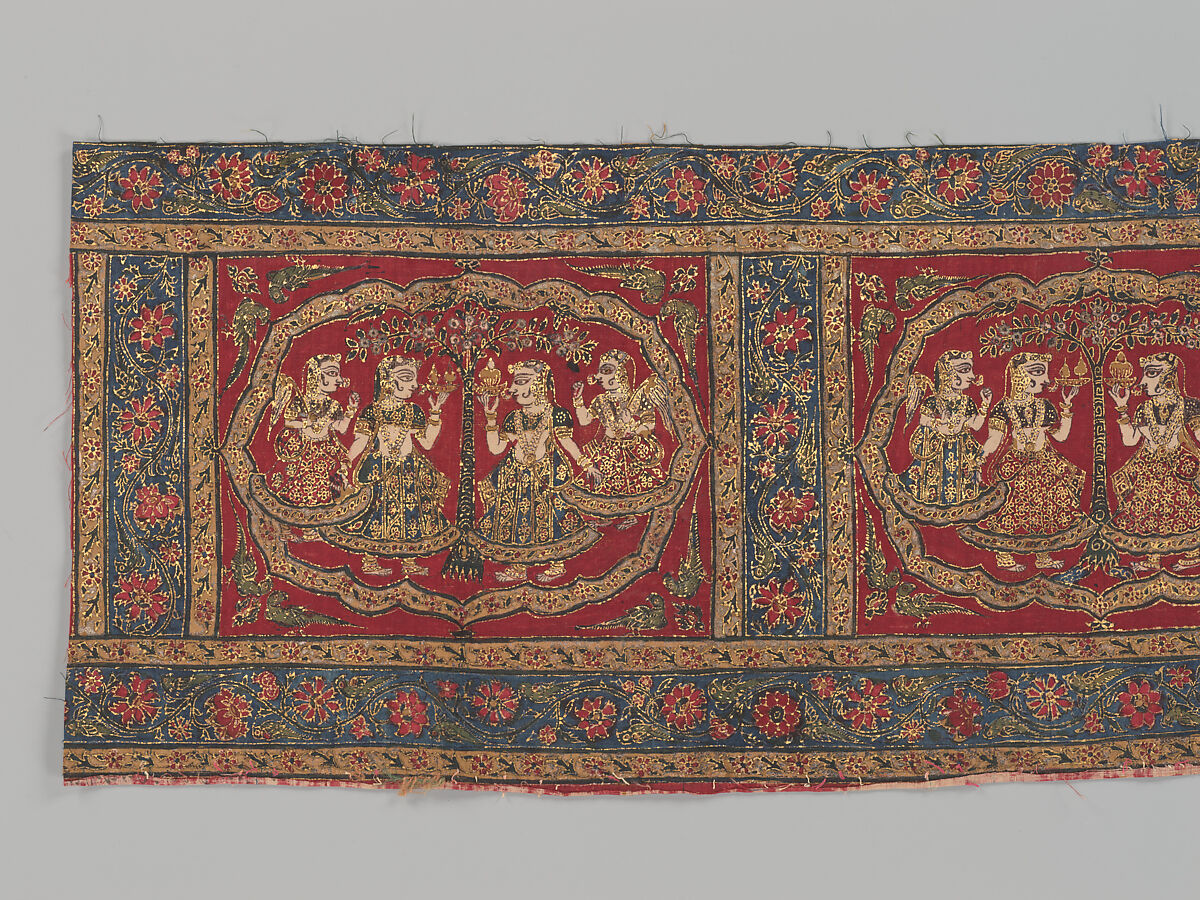 The Gopis celebrating Krishna, Border panel from a picchavai hanging; cotton with painted and stamped mordant and resist dyed, and gold, India, Western Deccan