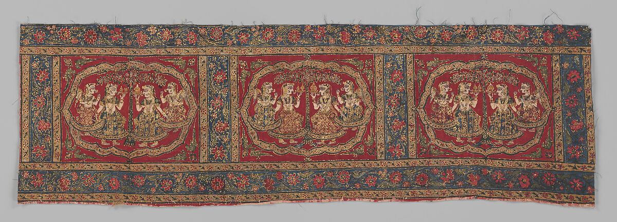 The Gopis celebrating Krishna, Border panel from a picchavai hanging; cotton with painted and stamped mordant and resist dyed, and gold, India, Western Deccan 