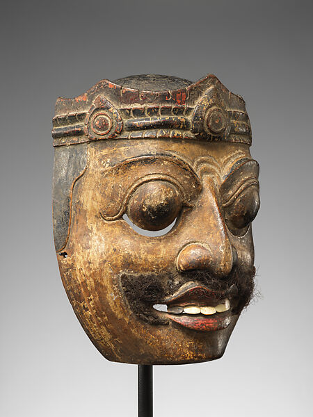 Wayang topeng mask of a martial ruler, Wood with shell inlay, hair and mineral pigments, Indonesia, Bali