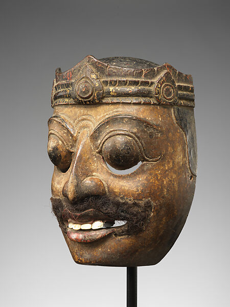 Wayang topeng mask of a martial ruler, Wood with shell inlay, hair and mineral pigments, Indonesia, Bali