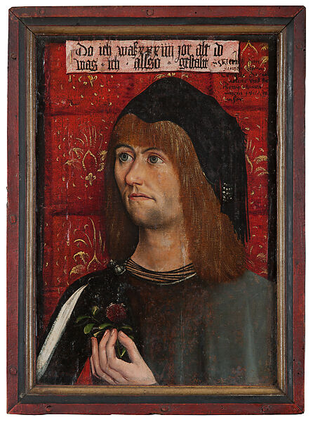 15A Portrait: Heinrich zum Jungen (recto); Inscriptions (verso)
15B Cover with zum Jungen Coat of Arms (recto); Vine Scroll Decoration (verso), German  , Frankfurt(?), Portrait: mixed media(?) on parchment, laid down on spruce panel
Cover: distemper on canvas, laid down on wood panel, German 
