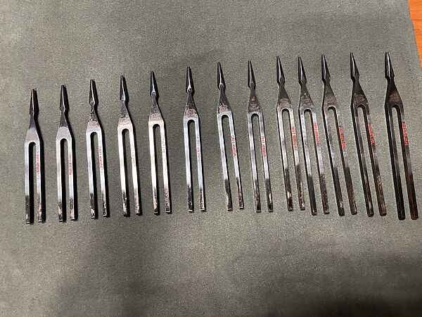 Boxed set of 12 chromatic tuning forks, RAGG Tuning Forks (United Kingdom), Blue metal and velvet-lined case, United Kingdom