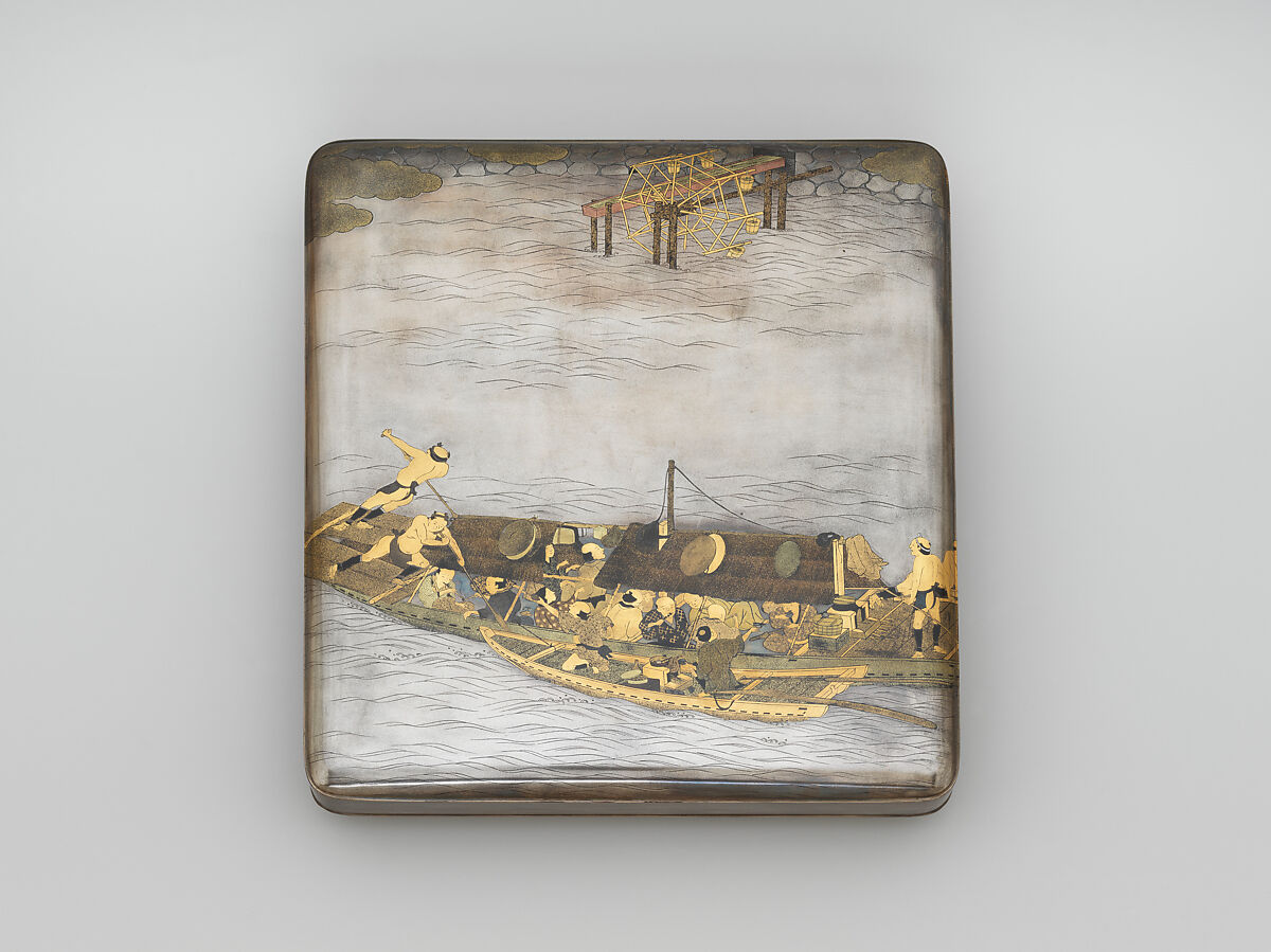 Writing box (suzuribako) with passenger boat on the Yodo River, Follower of Shiomi Masanari 塩見政誠 (Japanese, ca. 1646–1719), Lacquered wood with gold, silver, color togidashimaki-e on silver ground, Japan 