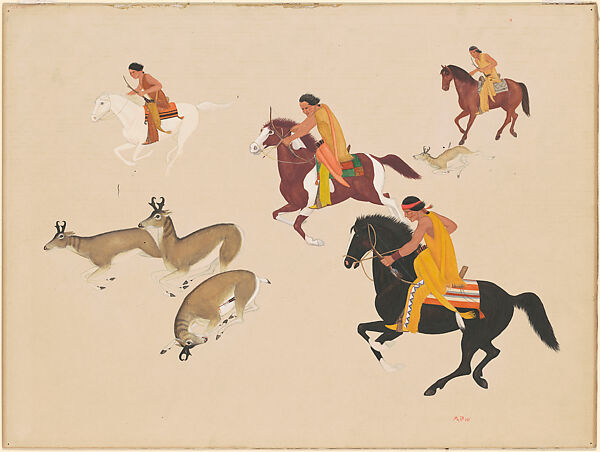 Deer Hunters, Velino Shije Herrera (American, Zia Pueblo, 1902–1973), Gouache over graphite on paperboard 