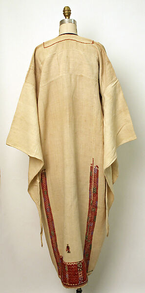 Palestinian Thob Dress, Linen, silk, glass beads; plain weave, embroidered