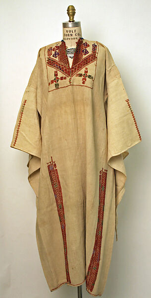 Palestinian Thob Dress, Linen, silk, glass beads; plain weave, embroidered 