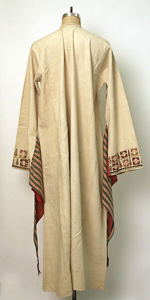 Festive Dress from Qalamun, Cotton, silk, metal wrapped thread; plain weave, block-printed, roll- printed, embroidered